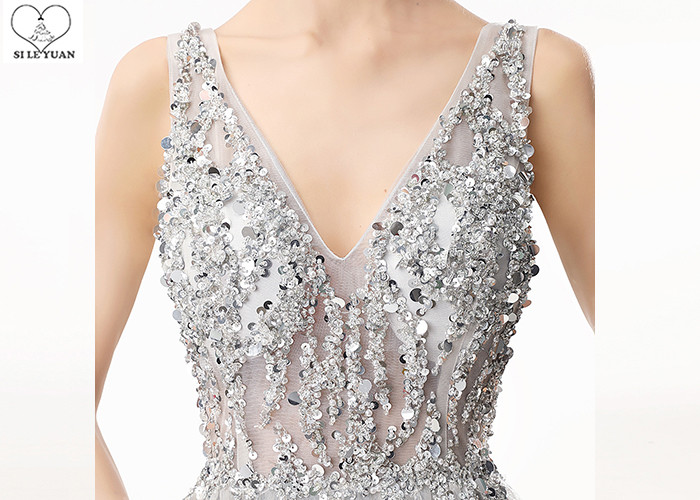 Unique A Line Tulle Dress V Neck Sequin Beading Sweep Train Back Bandage