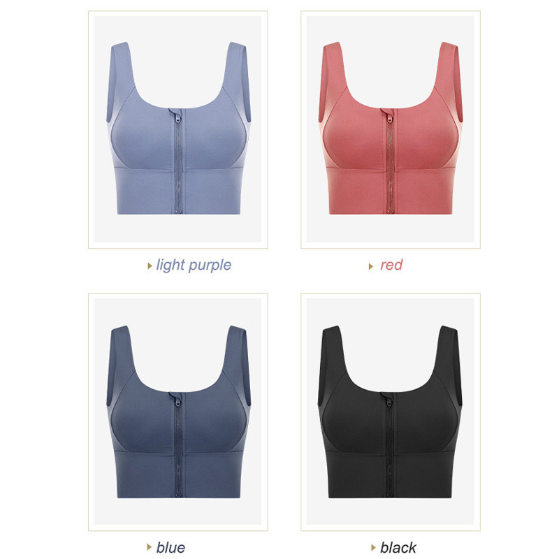 Blue Grey Gathered Women's Sports Bra Front Zip Shockproof Gym Running Fitness Crop Top