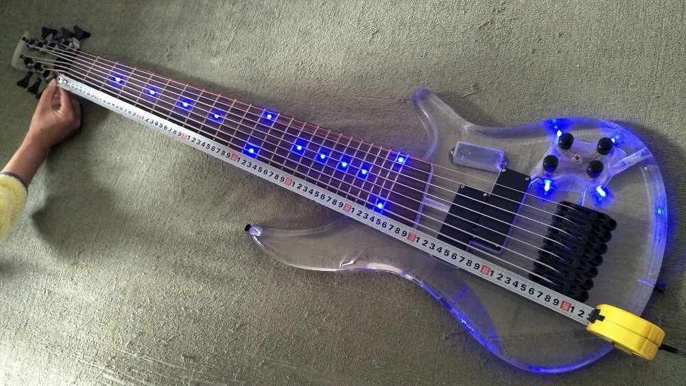7 Strings Bass Guitar Limited Edition Clear Acrylic Body Rosewood fingerboard inlay Blue LED lamp Electric Bass Guitar