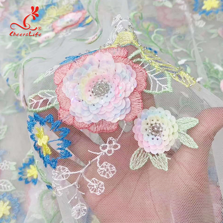 Colorful Floral Embroidery Fabric With Sequins Swiss Mesh Volie Lace