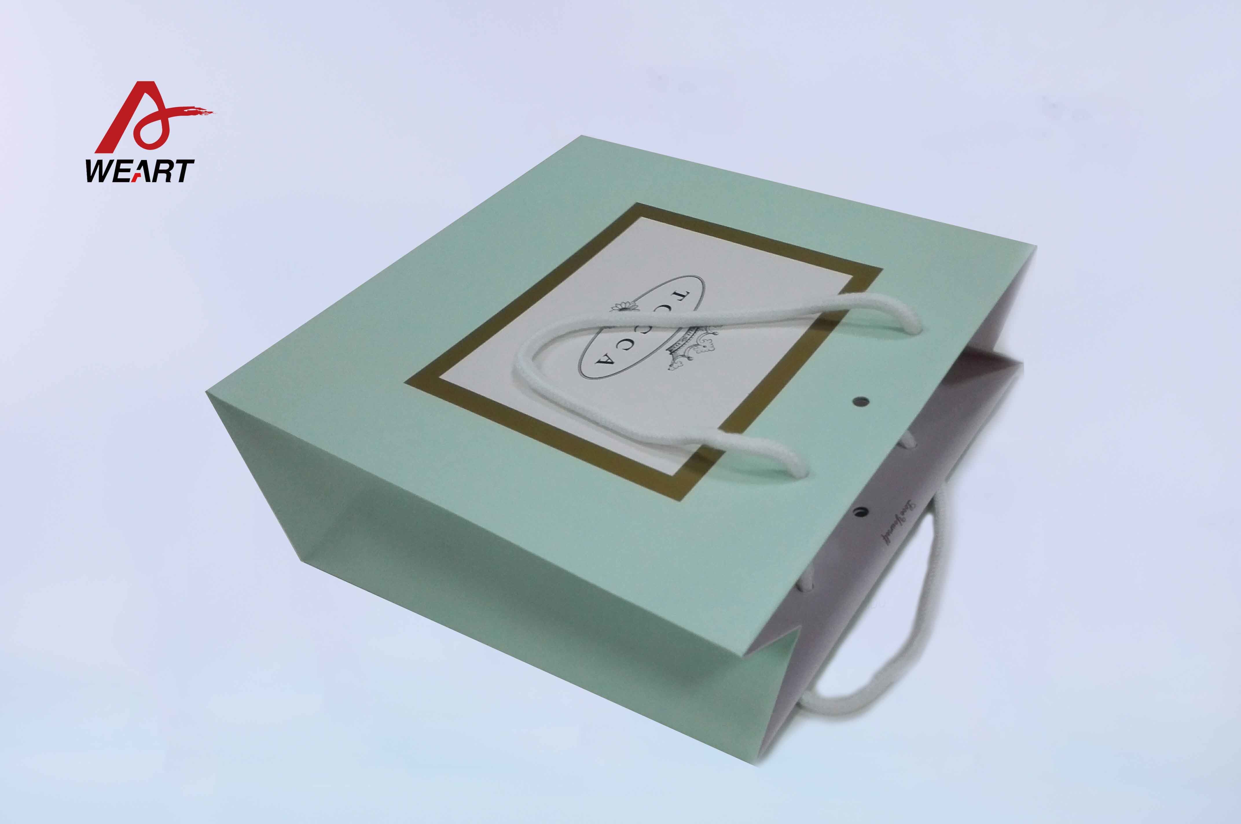 Boutique Store Fresh Green Customized Recycled Paper Bags With White Color Cotton Handle