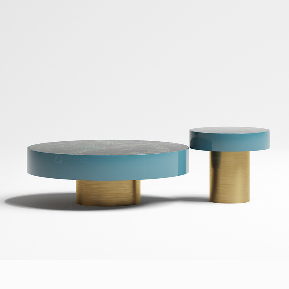 Elegant SS Steel Furniture Marble Coffee Table Set With Brushed Leg