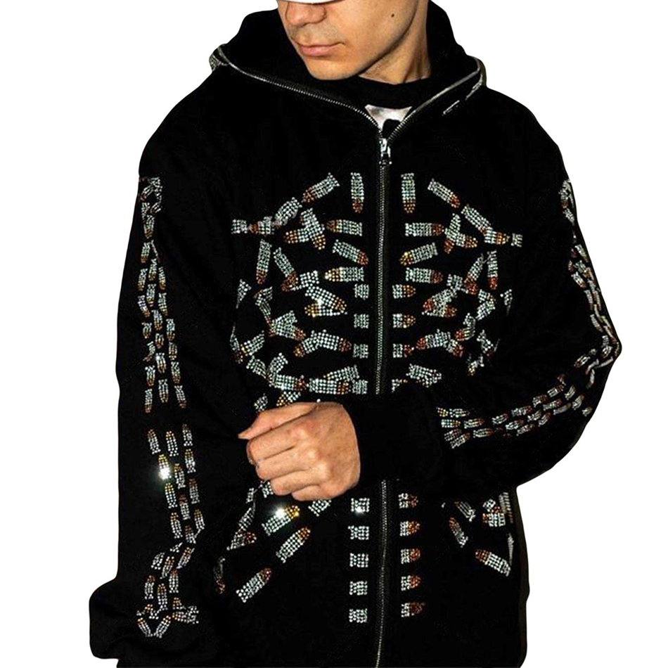 800 grams Hooded Zip Up Sweatshirt Men's Gothic Rhinestone Skull Graphic Print Jacket