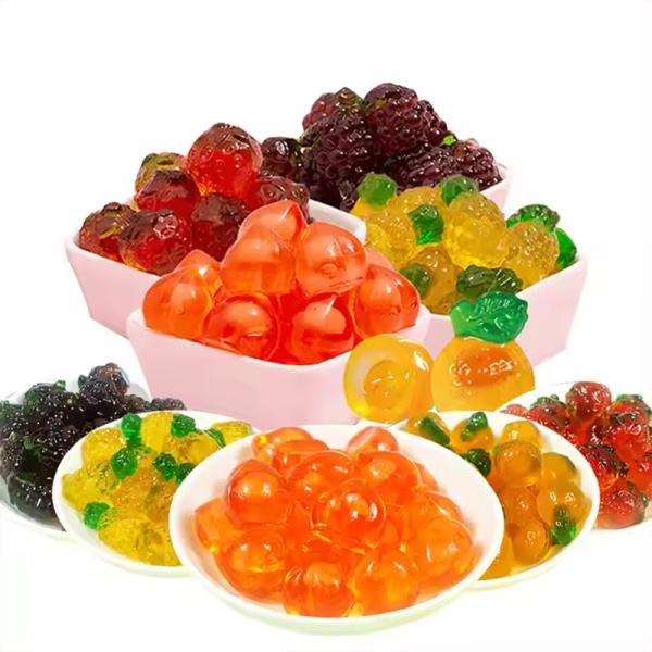 Close-up view of colorful 3D 4D gummy candies with jam filling