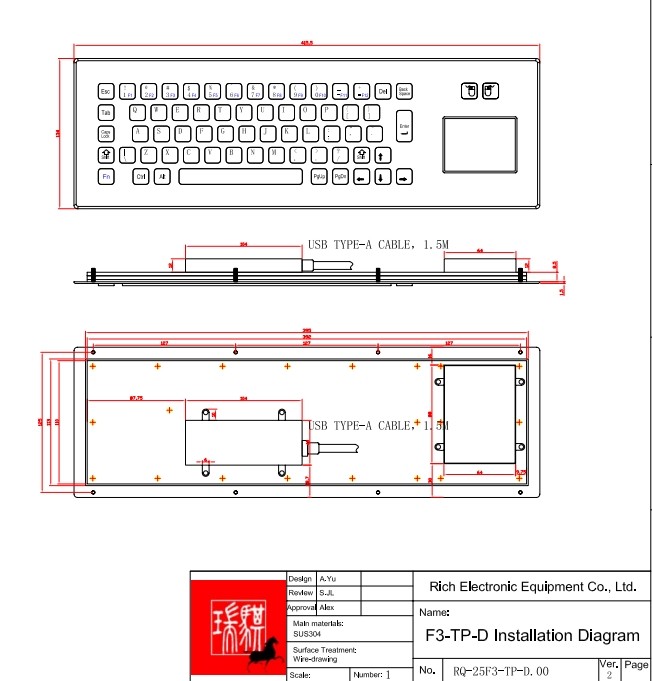 IP65 / IK07 Panel Mount Keyboard Stainless Steel Industrial Keyboard 2 Keys Touch Pad