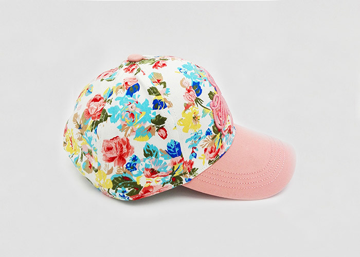 Girls Pink Embroidered Baseball Caps With Flowers Printing And 3D Embroidery
