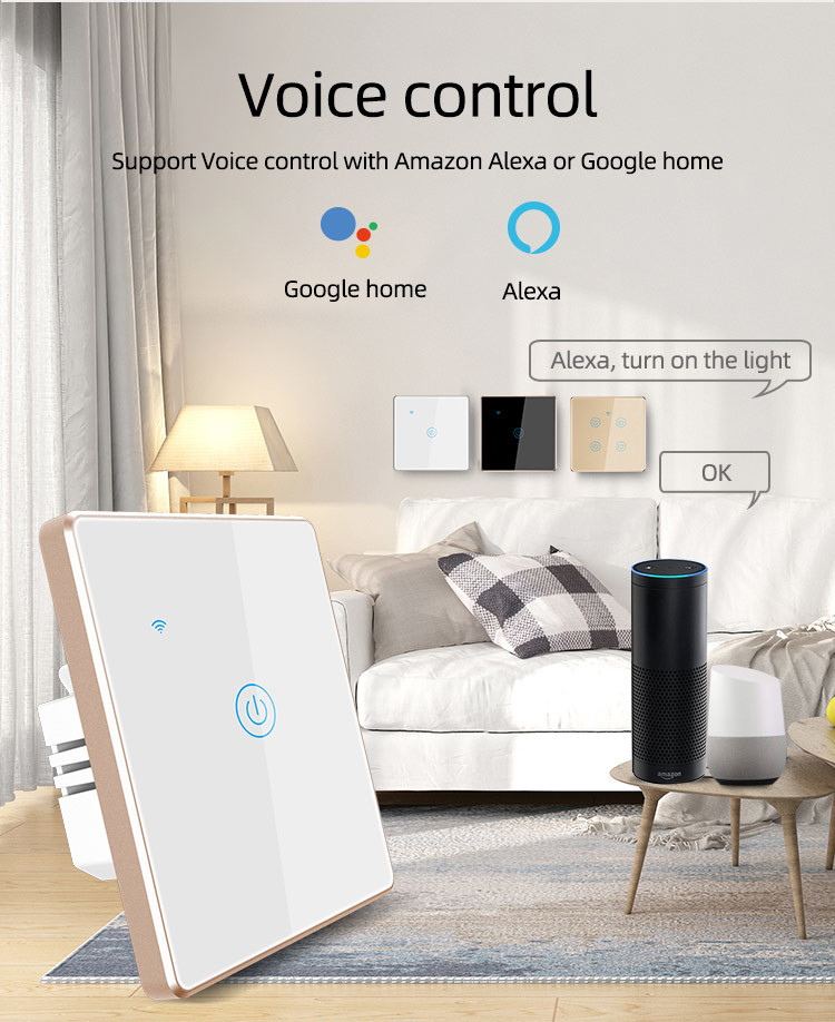Tuya Wifi Smart Timer Switch Manufacturer Eu Standard 2 gang Led Sensor Light Voice Control Touch