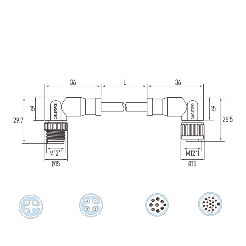17 Pin Sensor M12 A Coded Connector Angled Molded With 1M UnShielded Cable