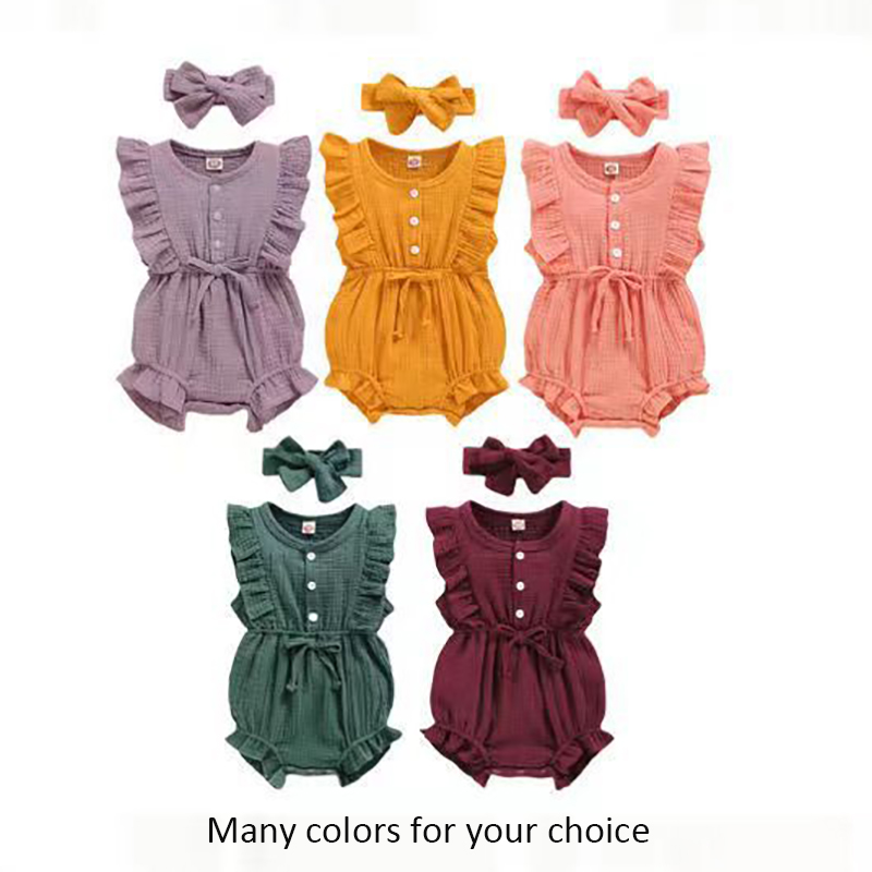 In Stock Summer Baby Girls Romper + Headband Cotton Linen Ruffles Sleeveless Infant Rompers Newborn Clothes
