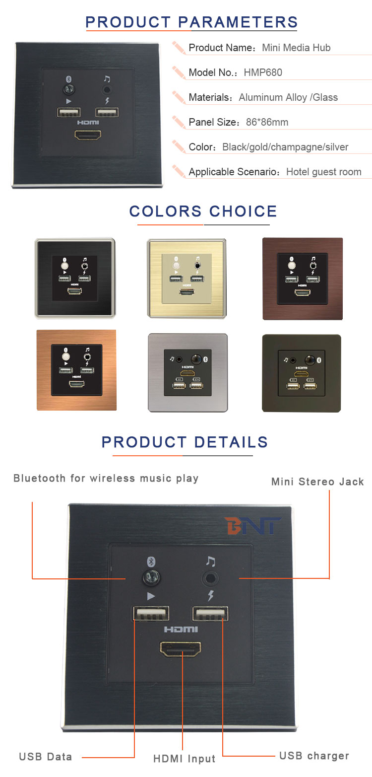 hotel room Audio Video system USB charger Media hub Socket Plate with blue tooth