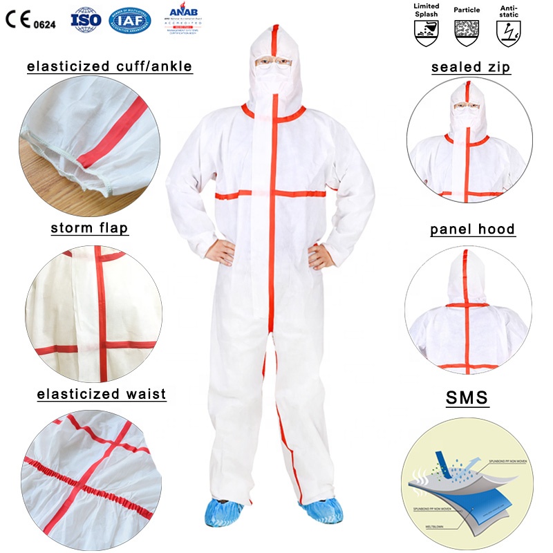 PPE Non Woven Hazmat Suit White Chemical Uniform Disposable Jumpsuit Medical