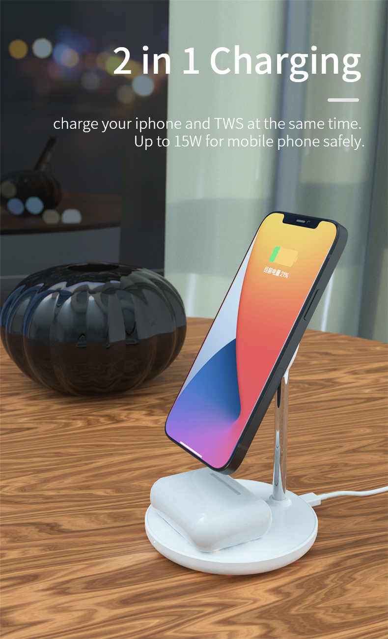 15W Fast Charging Magnetic Wireless Charger Stand for iPhone 13 14 15 Pro Max White Type C Input Port