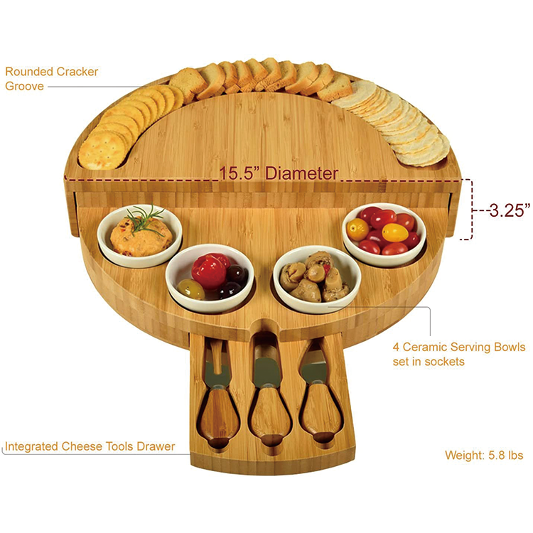 Best Gift Bamboo Tray Multi-function Round Shape Cheese Cutting Board with Knife Set