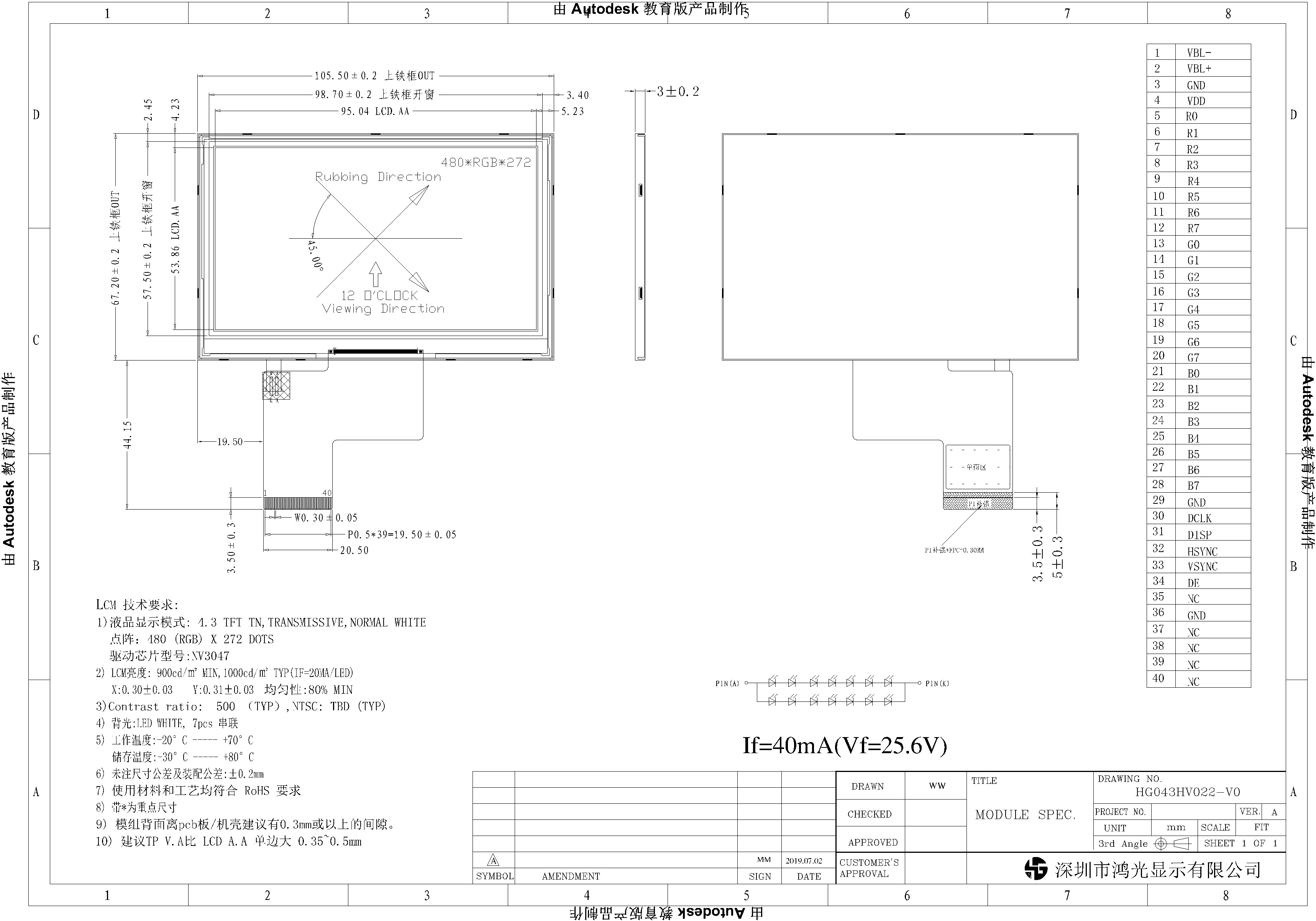 Standard 4.3 Inch TFT LCD Display 480x272 RGB Interface 1000cd/m2