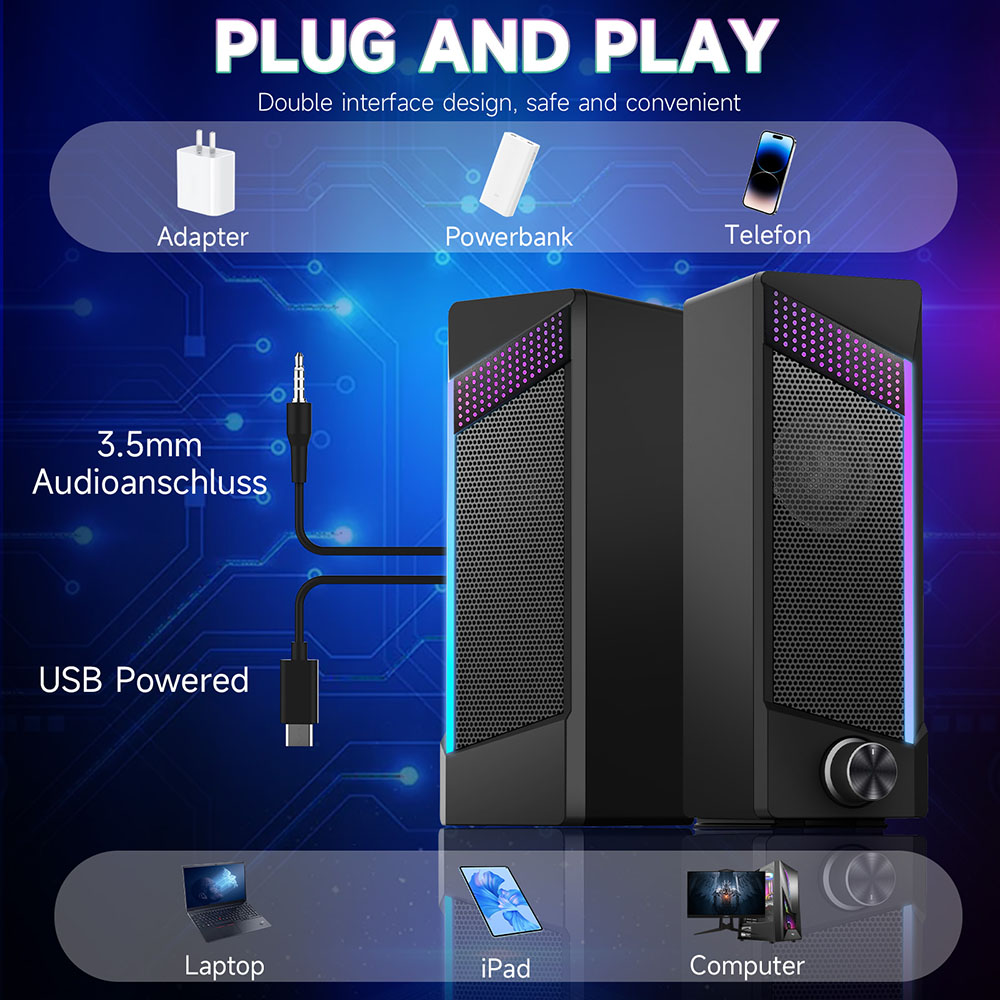 Desktop Gaming Speakers with Rich Bass USB Powered Portable RGB Computer Volume Control