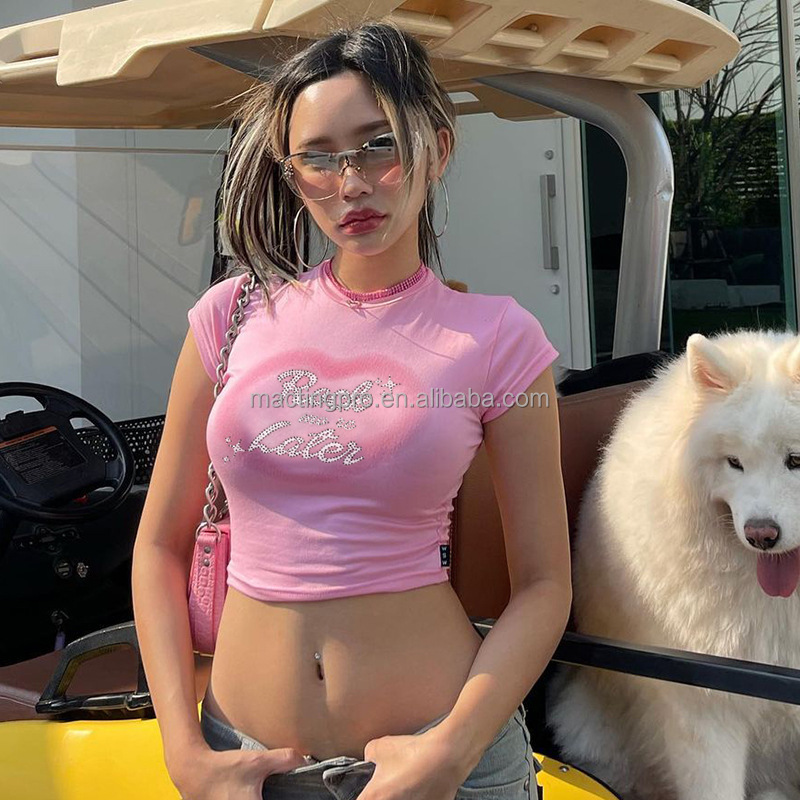 Customized Labels Women Men's T Shirt Hollow Out Decoration Y2k Pink Elastic Crop Top