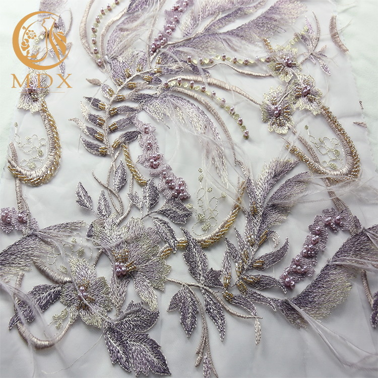 Exclusive Bridal 3D Embroidery Lace Fabric 135cm Width Knitted With Feathers
