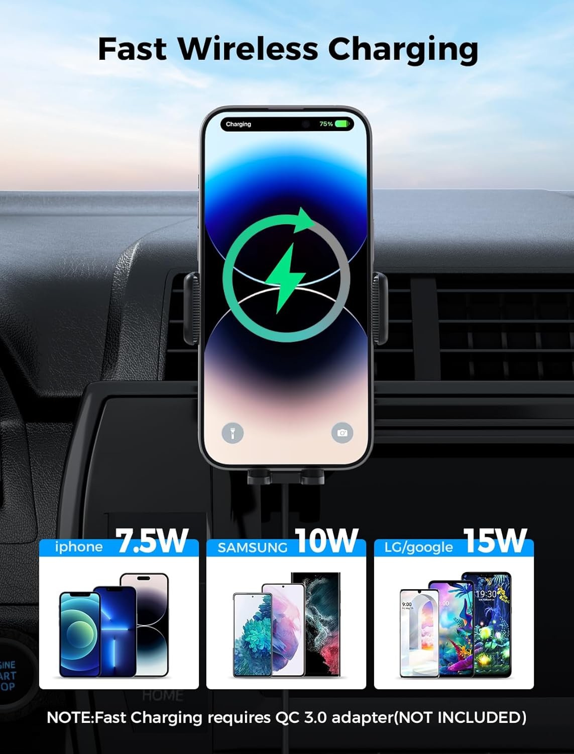 LED Lights Wireless Car Charger 15W 10W 7.5W With Dashboard Windshield Vent
