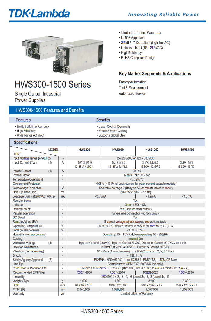 TDK Lambda HWS1500-60 Switching Power Module 85-265V HWS300-1500 Series
