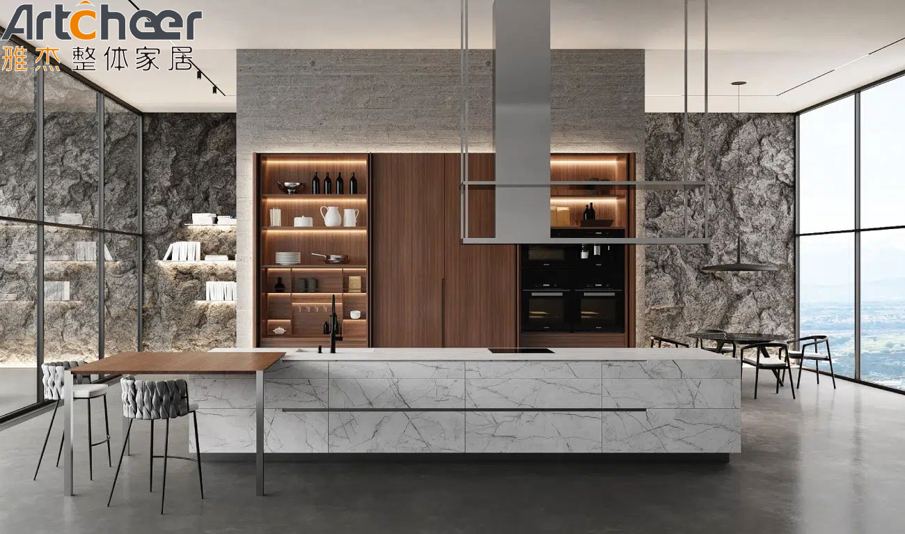 Modular Acrylic Kitchen Cabinet Door with Aluminium Frame and Sintered Stone Table Top