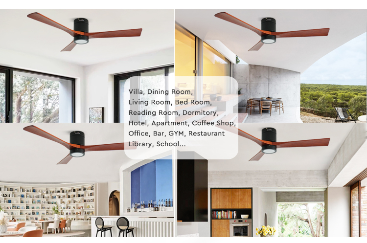 Modern 3 Blade Natural Wood LED Flush Mounted Ceiling Fan with 5 Speeds DC Motor