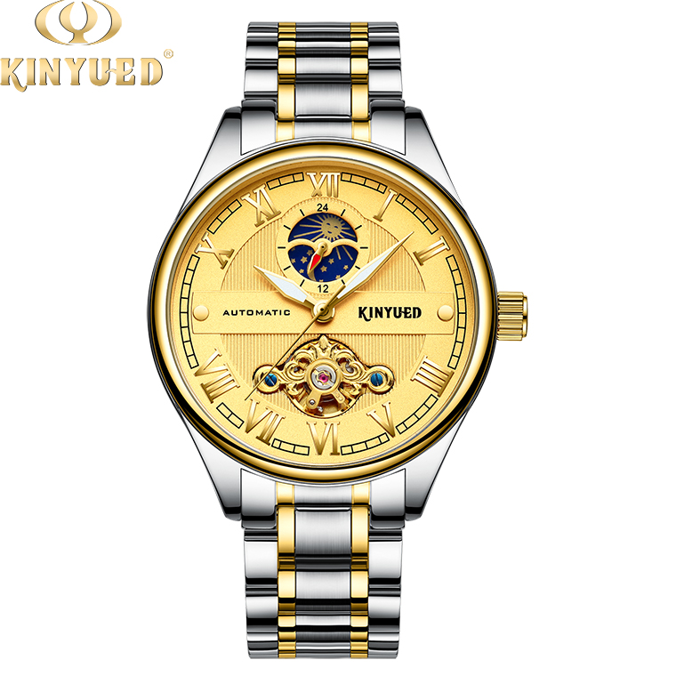 Brand KINYUED automatic skeleton watch gold dial moon phase tourbillon mens automatic watch