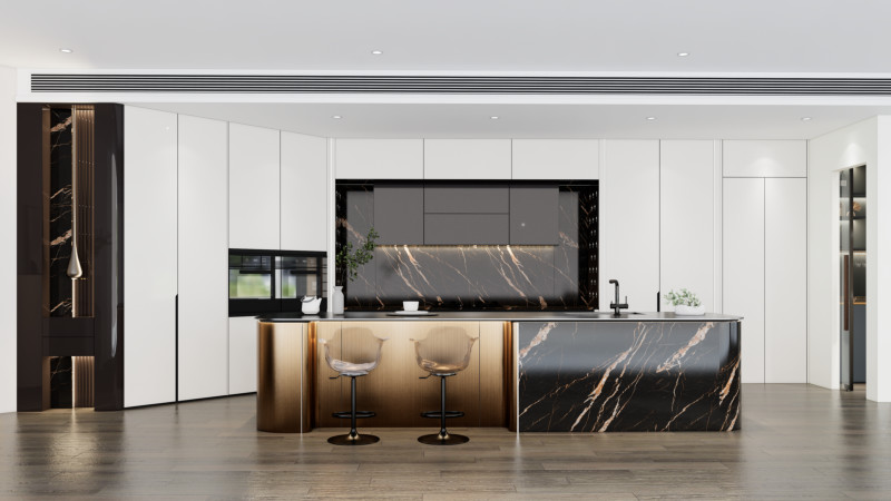 Luxury SS Modern Kitchen Cabinet With Multifunctional Curved Metallic Gold Island
