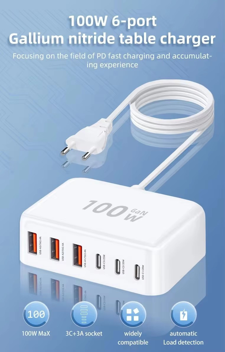 100W Multiple USB Charger 6 Ports Hub QC3.0 Phone Charger Station