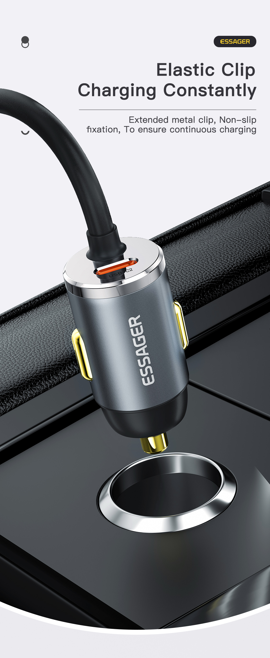 Essager 2022 Doution Car Back Row Expansion 1.5m Grey 100W Fast Charging Car Charger (2USB+2Type-C)