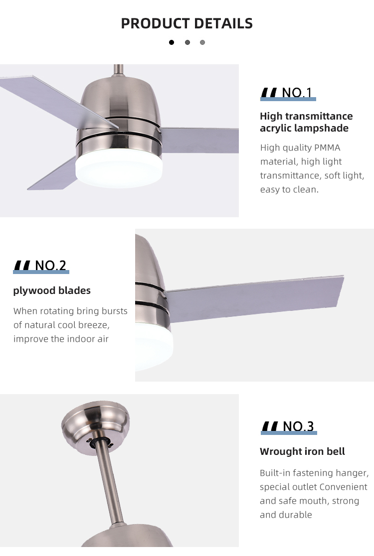 Nordic Style 65W 3000K Modern Brushed Nickel Ceiling Fan With Light 36 Inch