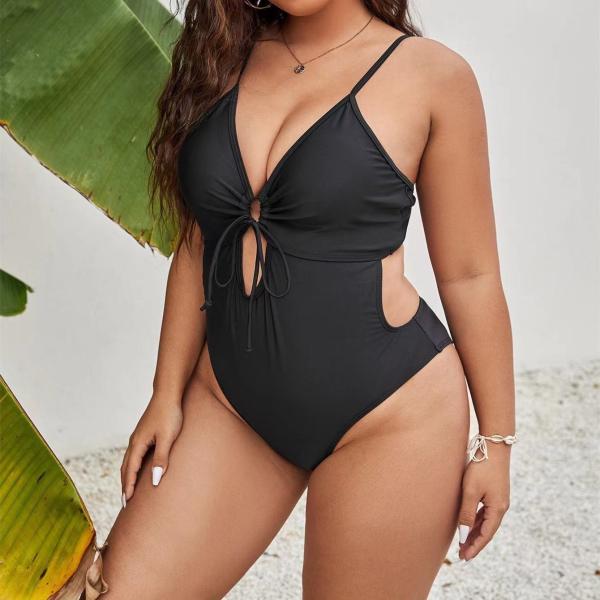 Hollow Plus Size One Piece Swim Suits Black V Neck One Piece Bikini Curvy Swim
