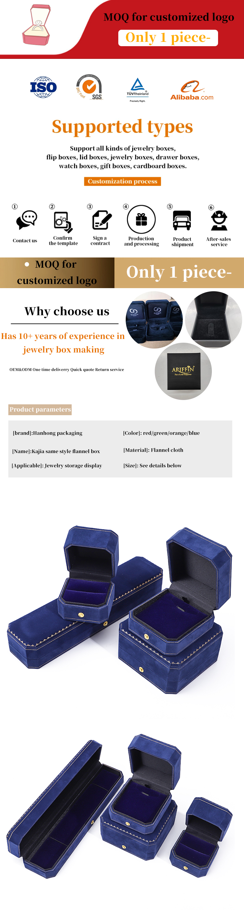Han Hong Customized Size Blue Velvet Jewelry Box with Logo and Jewelry Package