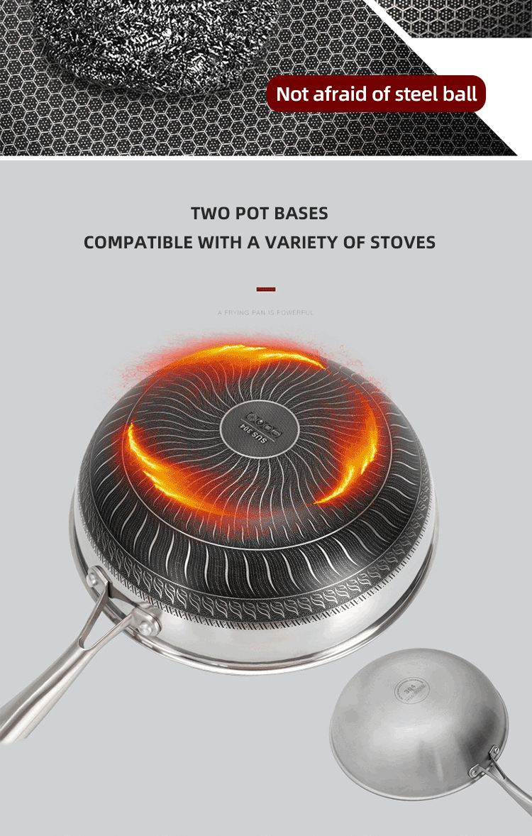 Factory Wholesale PFOA Free Non Stick Works 18/8 Stainless Steel Wok Pan with Glass Cover