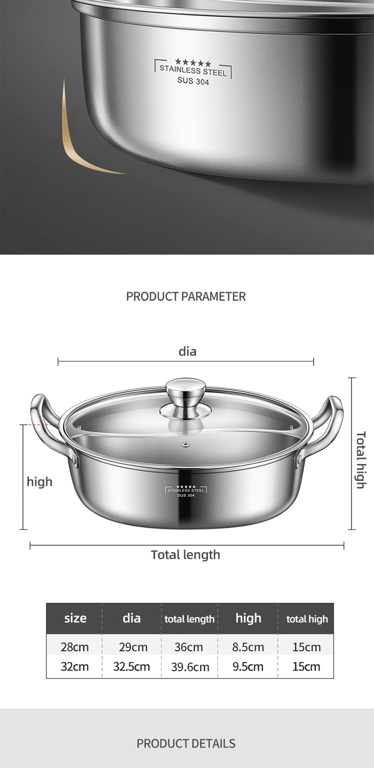 Hot Sale 28cm Induction Cooking Pot Cookware 304 Stainless Steel Hot Pot Soup Pot With Glass Lid