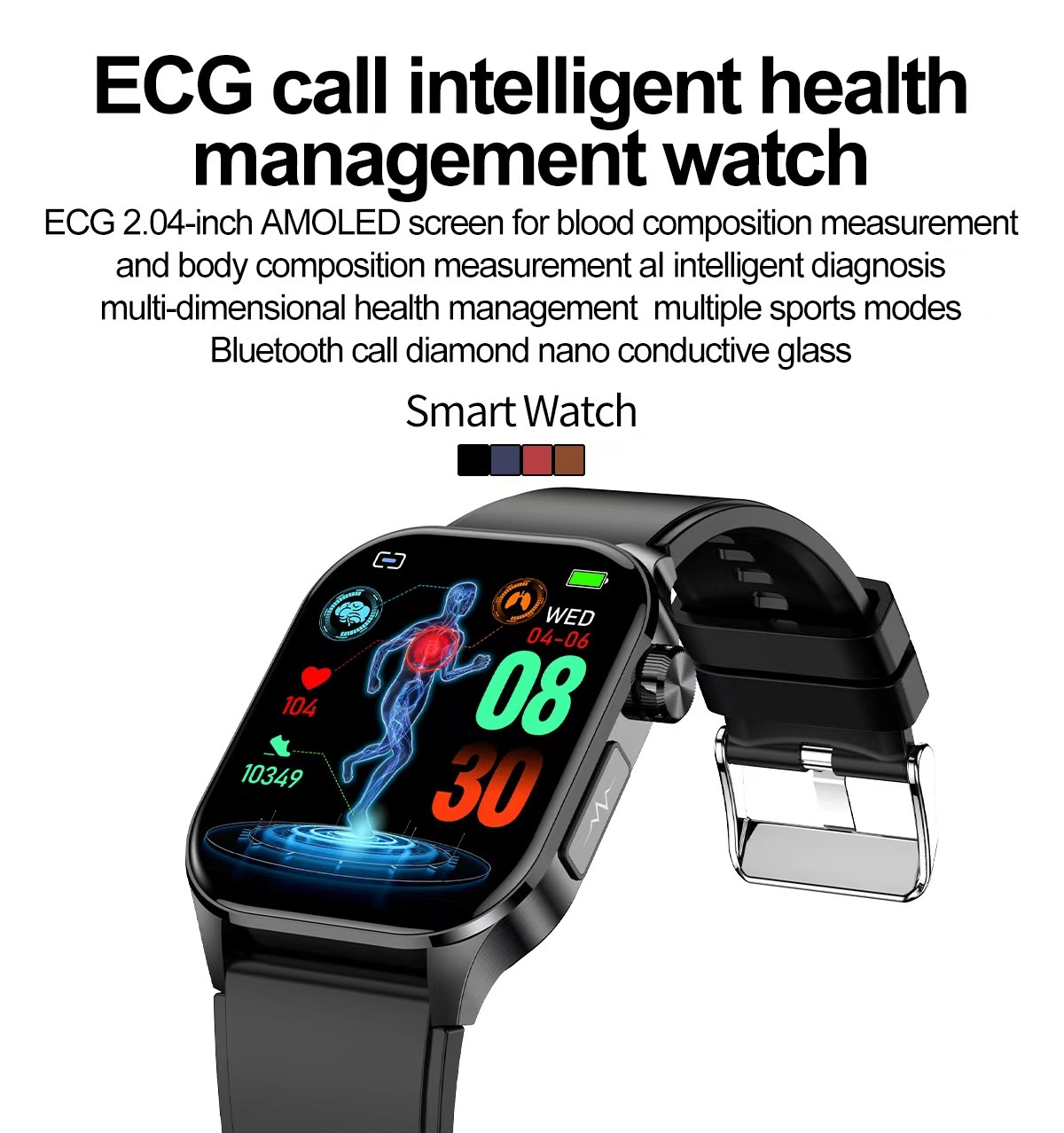 ET580 Smart Watch 2.04 Inch AMOLED SOS Heart Rate Uric Acid BML Smartwatch