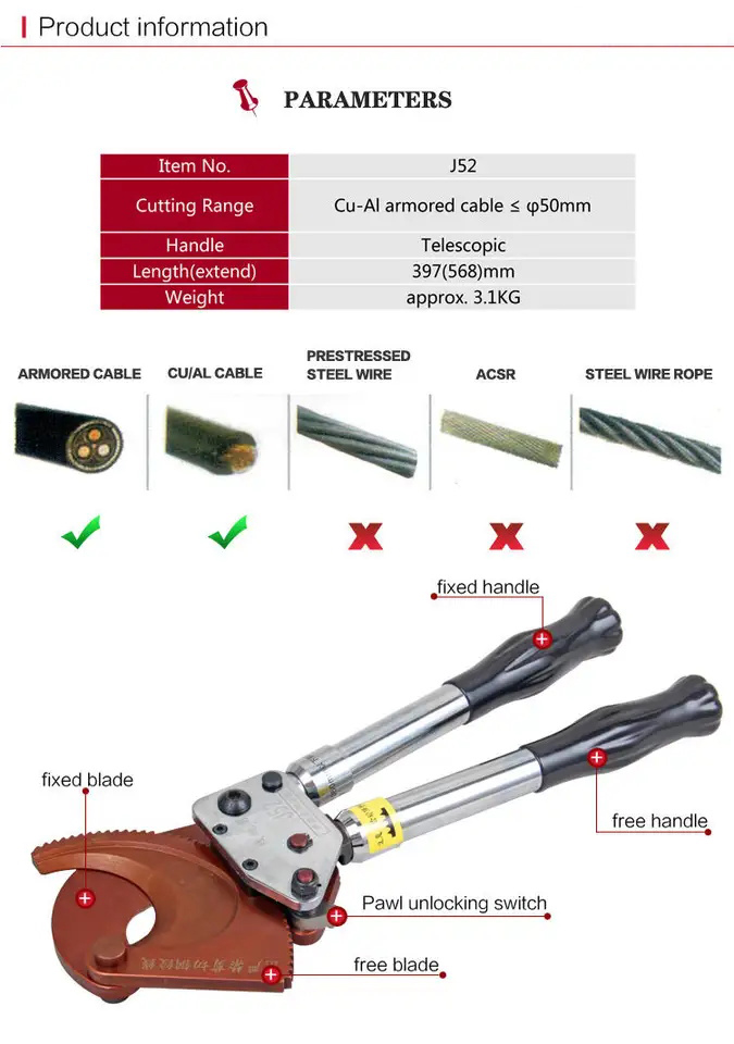 Not Rated Jaw Surface Ratchet Cable Cutter Industrial Grade for 75mm Diameter Cables