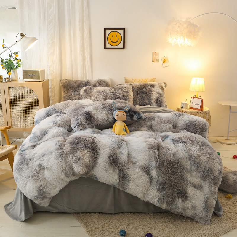Blue Tie Dye Gradient Shaggy Warm Mink Velvet Duvet Bedding Set for Winter 500TC Gifts