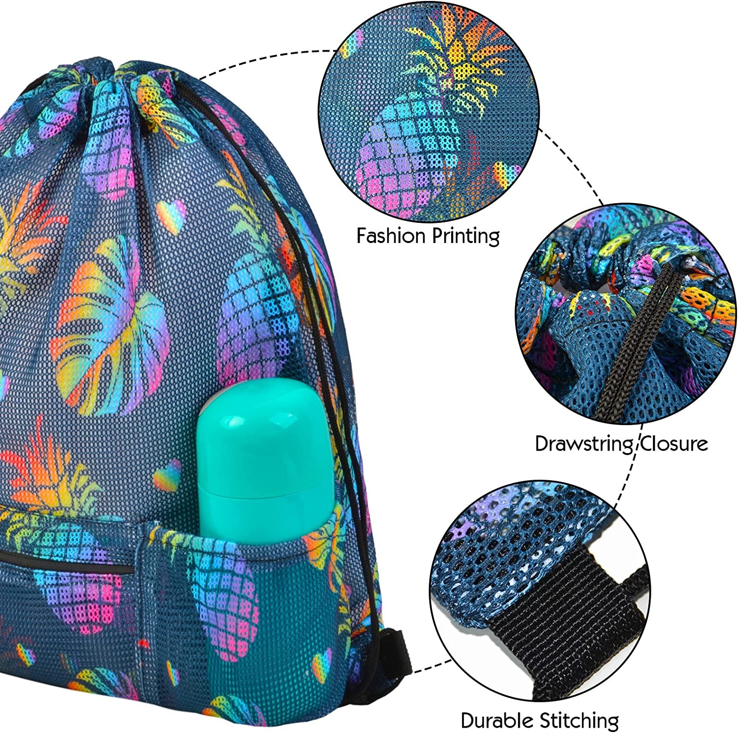Mesh Drawstring Bag with Zipper Pocket, Beach Bag for Swimming Gear Backpack Gym Storage Bag for Adult Kids
