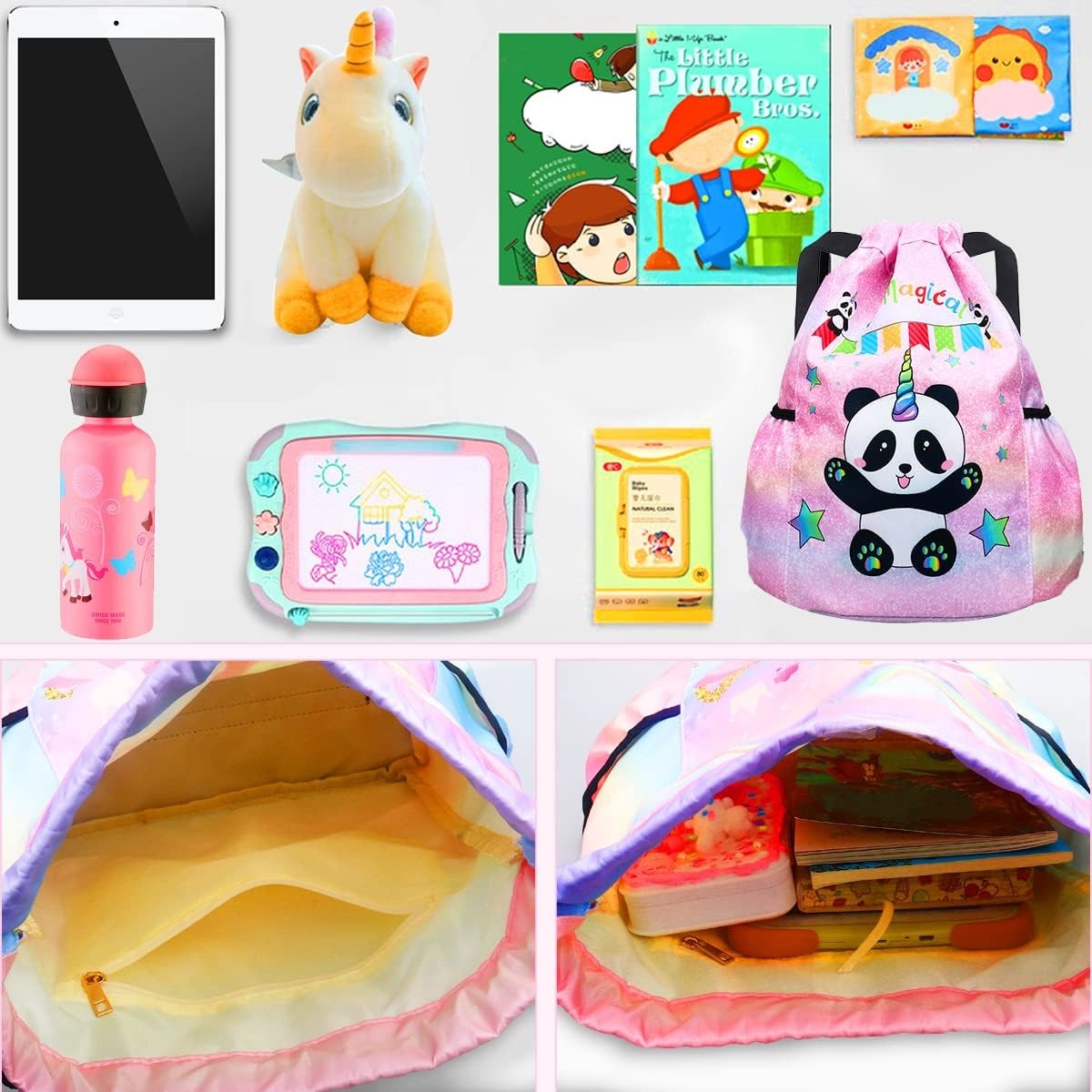 Gym Beach Swim Travel Panda Mini Bag Backpack for Kids With 2 Water Bottle Holder