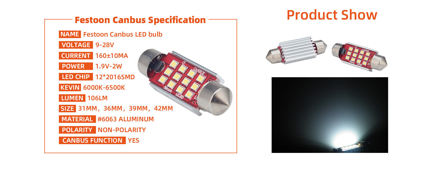 Car Interior 24 Volt Led Festoon Bulbs , Eco - Label 31mm Festoon Led Light