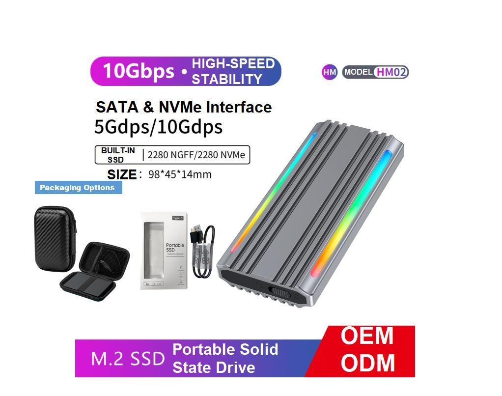 Customized RGB Pssd Infinites 1tb 2tb 4tb Nvme Ngff Speed Data Transfer Portable External SATA SSD RGB Built in SSD 10gbps with Colorful Ambiance Lights