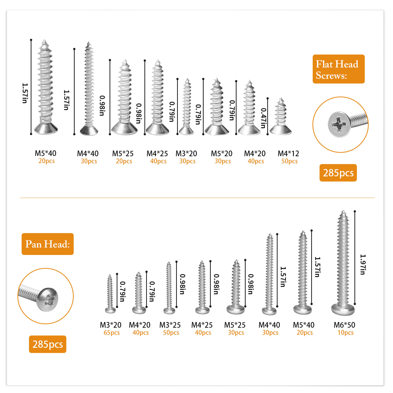 M3 4 5 6 Self Tapping Screws Assortment Kit Pan Head and Flat Head 304 Stainless Steel Screws