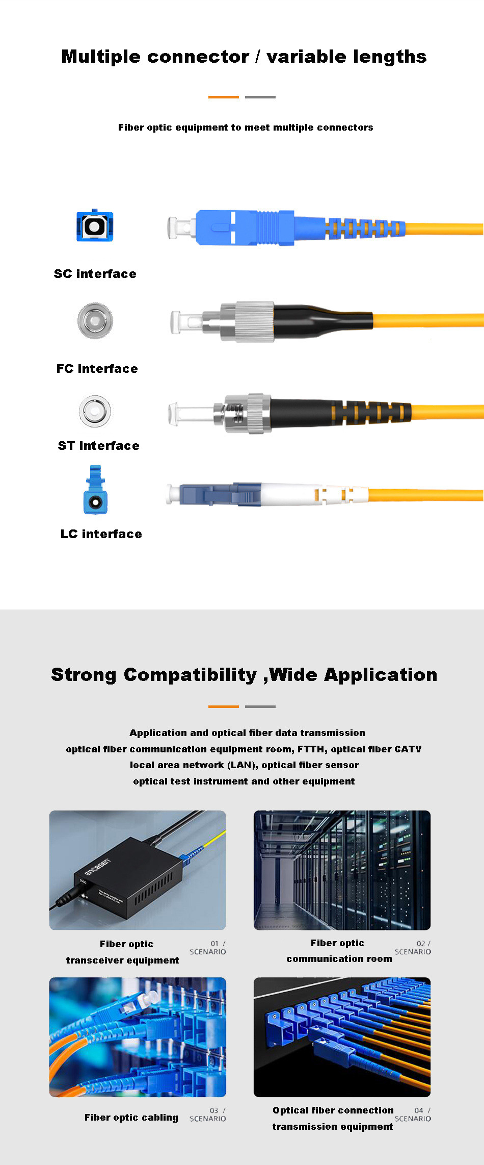 Yellow G657A2 Fiber Optic Sc Upc To Sc Apc Patch Cord Single Mode Simplex Cable