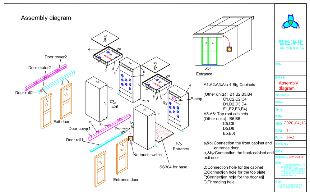 AS-2040D-2.2-AD Cleanroom Air Shower with Double-leaf Sliding Doors