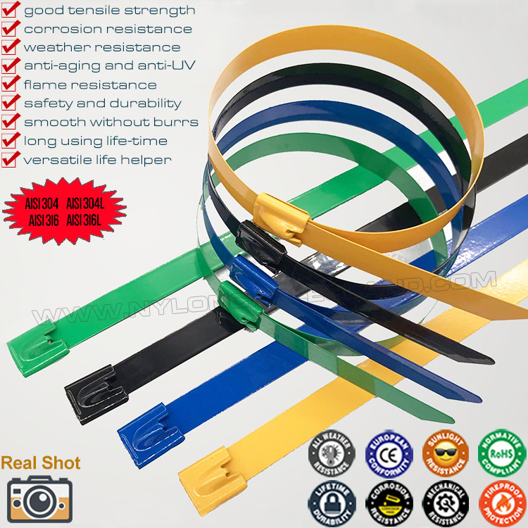 304/316 Stainless Steel Cable Tie Epoxy Polyester Fully Coated 500mm x 7.9, Nylon Plastic Sprayed Metal Cable Tie (Ø13-128mm, 380lbs) for Organize