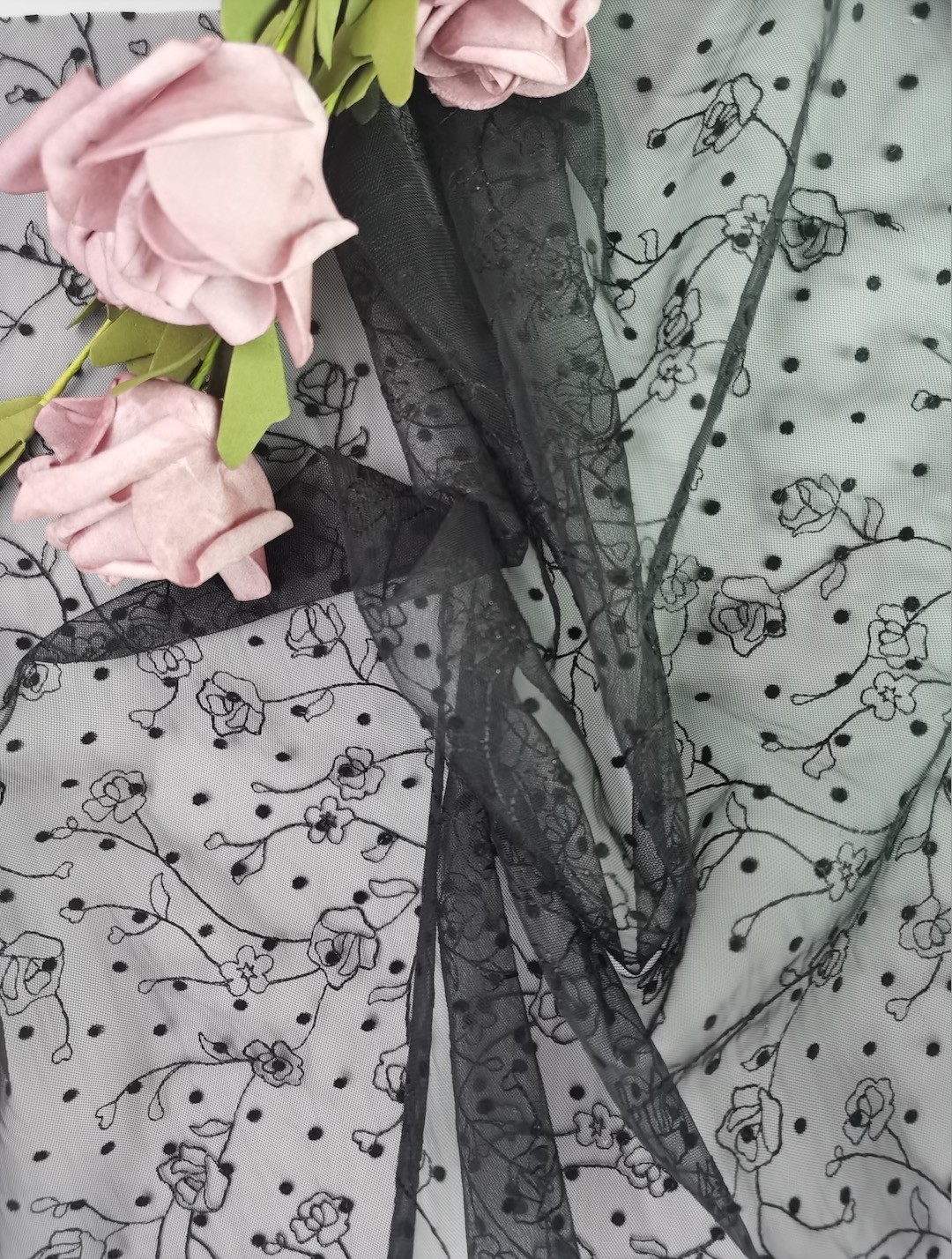 Fancy Tulle Flocked Lace Fabric Black Flower Embroidered Fabric