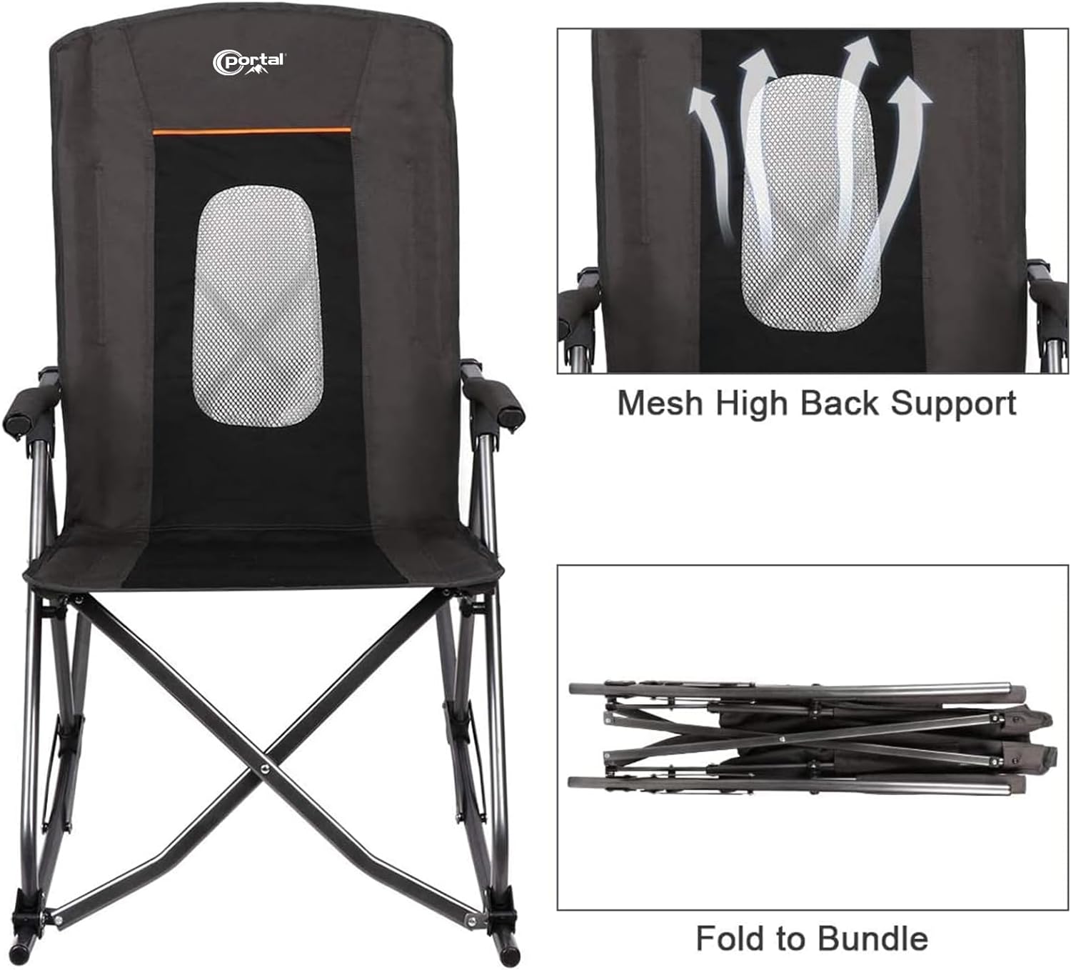 Portable Outdoor Camping Chair with High Back and Hard Armrests Supports 130kg Black Mesh Back