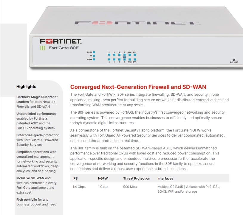 14GE FortiGate 80F Firewall RJ45 Ports FG-80F Security Appliance Firewall