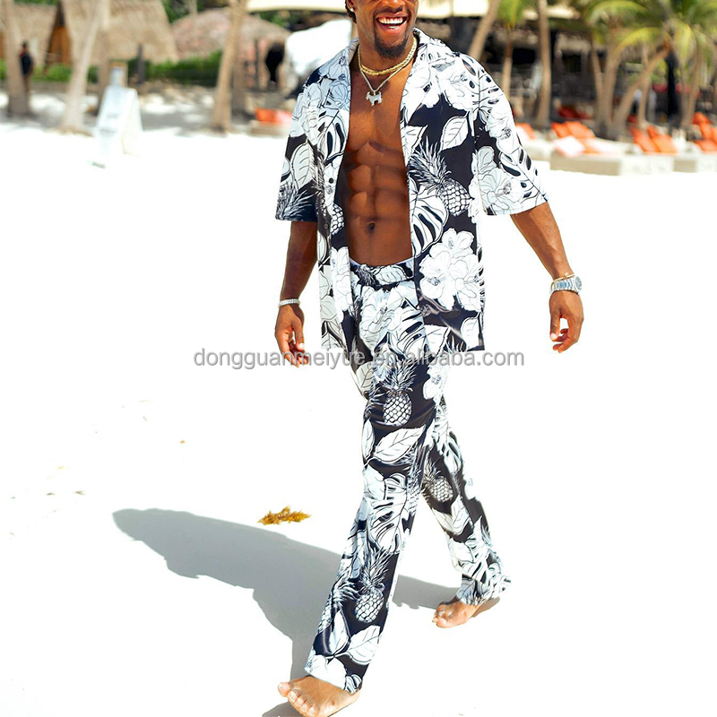 Custom Logo Rayon beach shorts set Satin Polo Tshirts Hawaiian 2 Piece Anti Bacterial