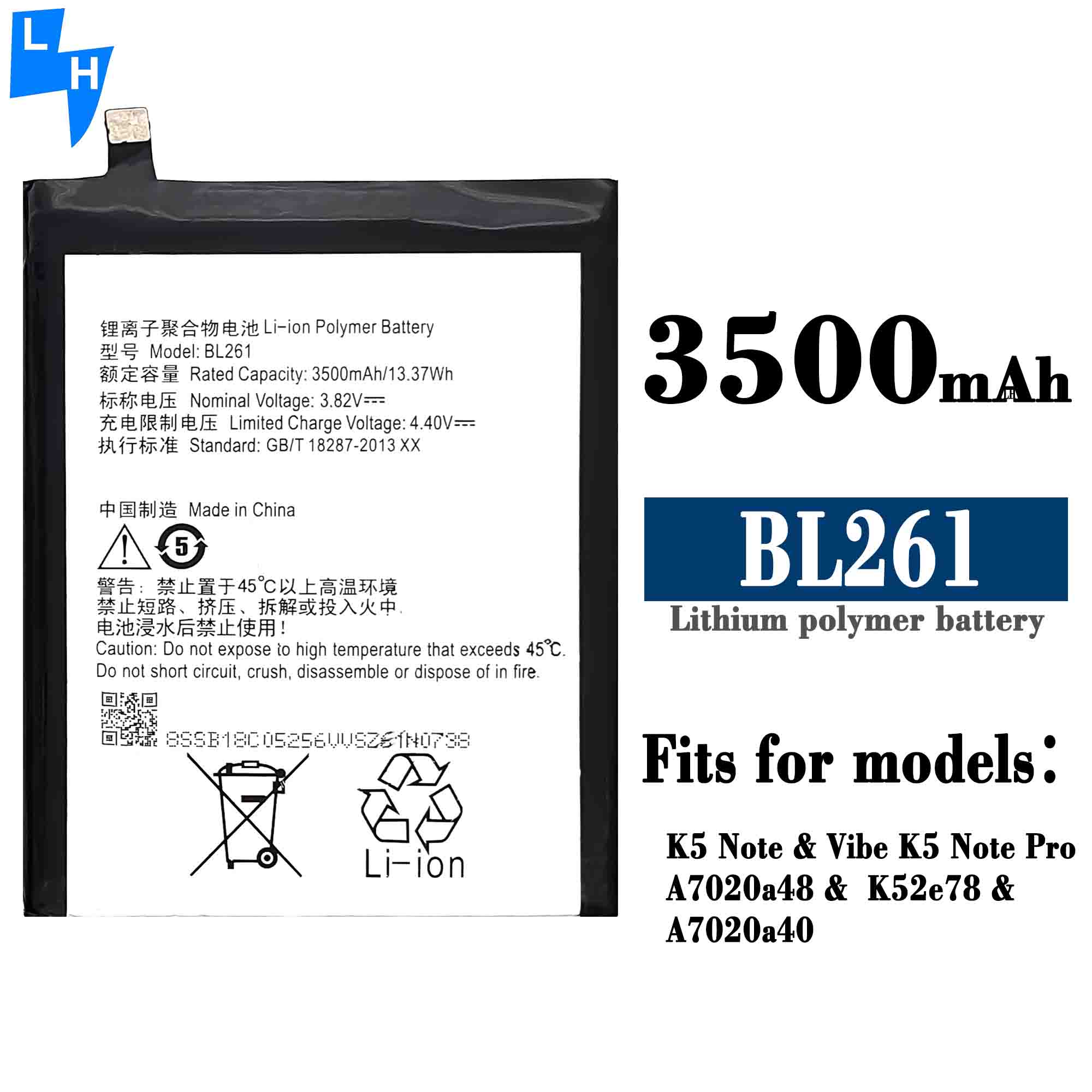 Mobile Phone Digital Battery for Lenovo A7020/Vibe K5 Note K52T38 K52E78 BL261 3500mAh